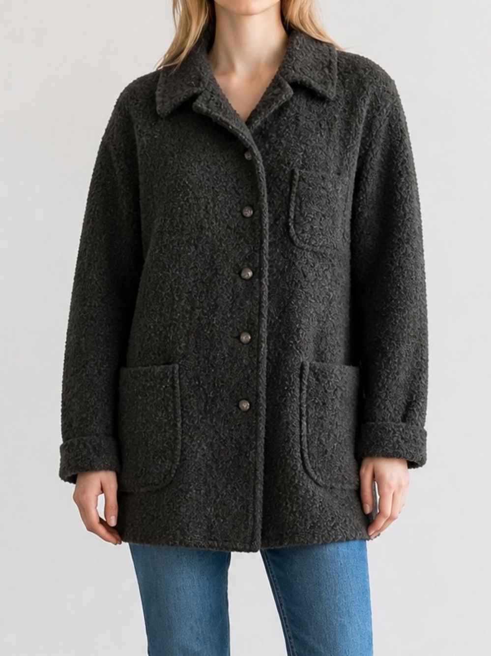 Vintage 1990’s BROMLEY Black Teddy Bouclé Button-Front Coat